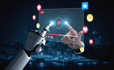Obraz premium A captivating image showcasing the interaction between a human hand and a robot hand on a digital interface filled with social media icons, representing the future of communication. Ledger