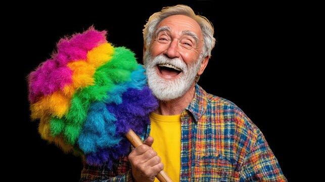 Cheerful Senior with Duster: A jovial senior citizen, beaming with joy, holds a vibrant, multi-colored duster, embodying a sense of playfulness and lightheartedness.