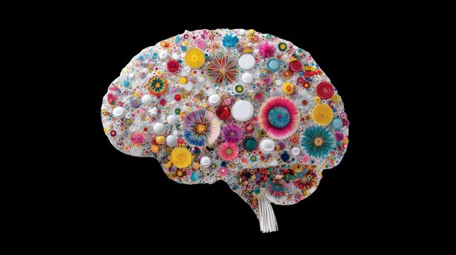 Mind Bloom: A vibrant conceptual representation of the human brain, intricately adorned with a multitude of colorful blossoms.