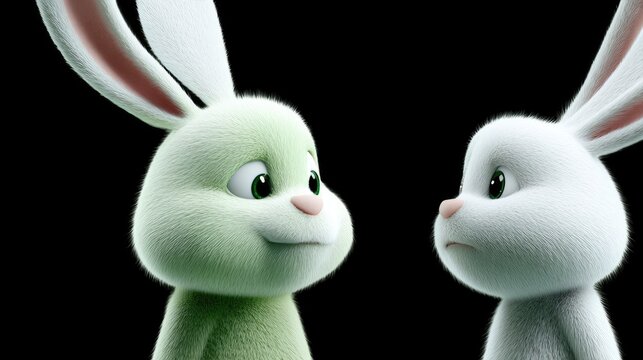 Hare Pair: A tender moment between two endearing hares, each with unique coloration, captured in a studio shot. They showcase innocent expressions against a stark backdrop. 