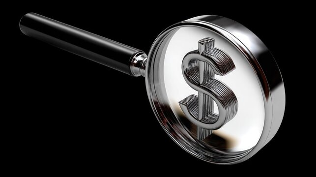 Examining Finances: A close-up shot of a magnifying glass focuses intently on a dollar sign, symbolizing the act of financial investigation and scrutiny.