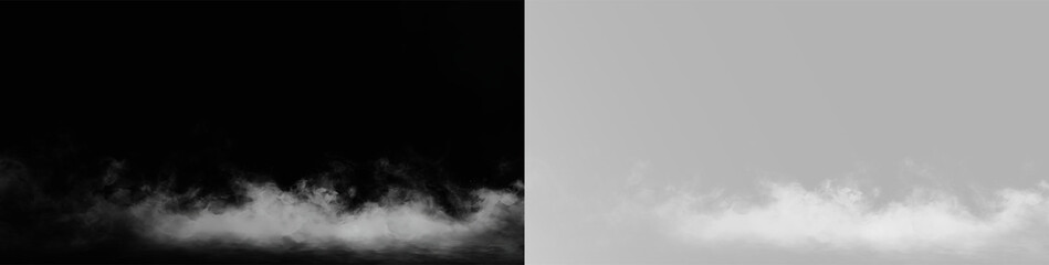 Dense white smoke and fog spreading across the floor on transparent background