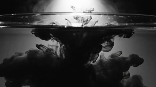 Black ink dissolving and spreading in water with dramatic smoky lighting and interesting fluid shapes