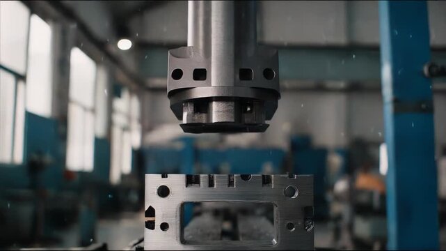 Metal workpiece clamped in a cnc milling machine as a cutter shapes the component, producing metal chips in a modern automated factory focused on precision machining and production
