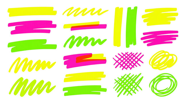 Neon fluorescent highlighter marker strokes for text emphasis