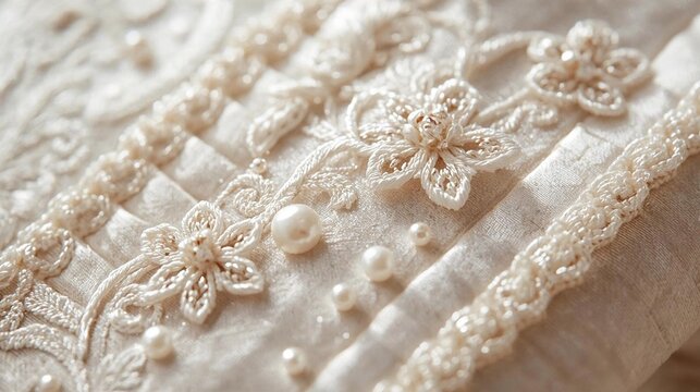 extreme close up of a historical regency period dress bodice with intricate floral embroidery and pearl embellishments