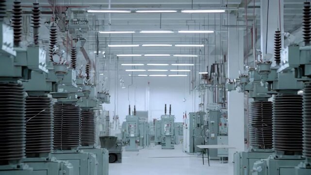 Electrical transformers and high voltage equipment lining a pristine industrial facility, managing power distribution and supporting essential energy infrastructure