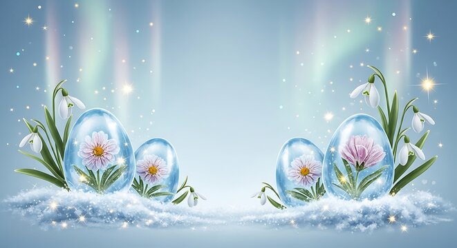 A magical winter scene with flowers encased in eggs on a snowy background with sparkles and rainbow lights