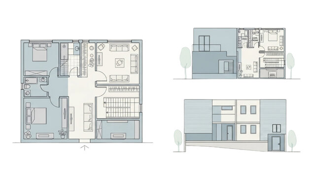 Architectural plans showcase modern house layout with illustrations