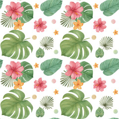 Seamless childish watercolor pattern with jungle flowers and leaves. Cute pattern, wild animal, African safari  © Sweet