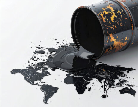 Barril de petr&oacute;leo con aceite negro en forma de mapa y fondo blanco, concepto de contaminaci&oacute;n global, crisis energ&eacute;tica, impacto ambiental, econom&iacute;a mundial y dependencia de combustible f&oacute;sil