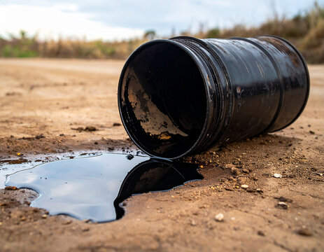 Barril de petr&oacute;leo negro o aceite industrial vertido sobre suelo de tierra, concepto de contaminaci&oacute;n ambiental, riesgo ecol&oacute;gico, crisis energ&eacute;tica en entorno natural y medioambiente