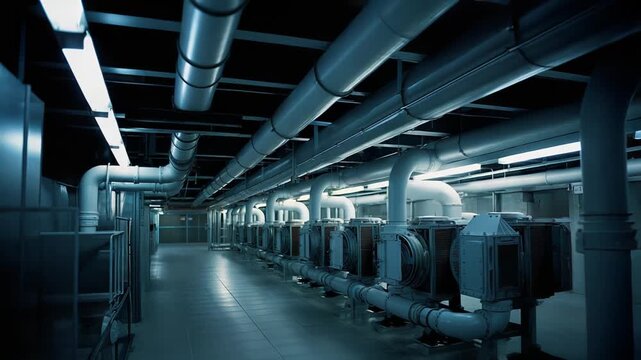 Large pipes and cooling units forming a complex industrial infrastructure, ensuring optimal ventilation and temperature control in a modern data center or machinery room
