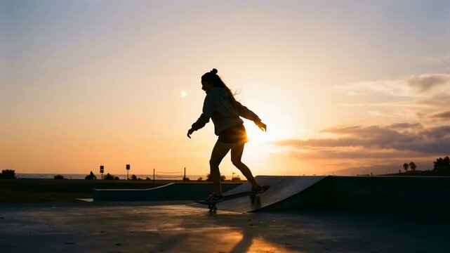 silhouette of a girl skateboarding at sunset