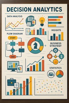 Decision Analytics and Business Strategy Concept with Flowcharts, Performance Metrics, Data Analysis and Strategic Planning Icons
