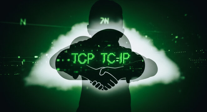 Cybersecurity Concept featuring a Hacker Silhouette and Cloud Computing Overlay with TCP IP Network Protocol Handshake