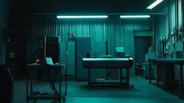 Industrial laboratory workspace with wide format printer, computer and metal storage cabinets bathed in cinematic blue neon glow, evoking futuristic research and manufacturing ambiance