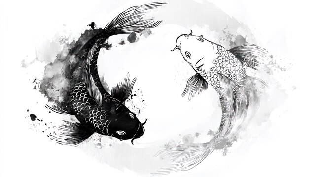 A minimalist ink wash painting of two koi fish, one black and one white, chasing each other in a circle. event programs.
