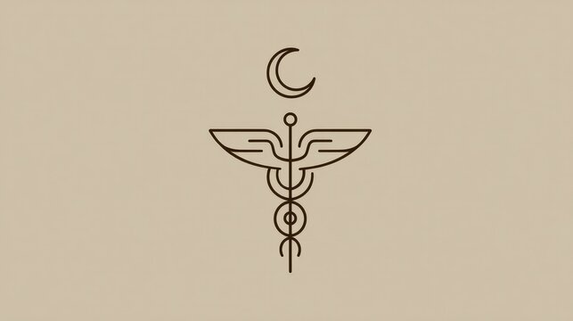 Minimalist emblem combining the Rod of Asclepius with a crescent moon. event programs, museum guides, designed for cultural heritage projects and event programs, used by it administrators.