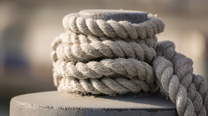 Fototapeta premium Thick coiled marine rope around a bollard in a nautical setting, emphasizing strength. mobility guides, transit brochures, designed for mobility and urban transit guides.