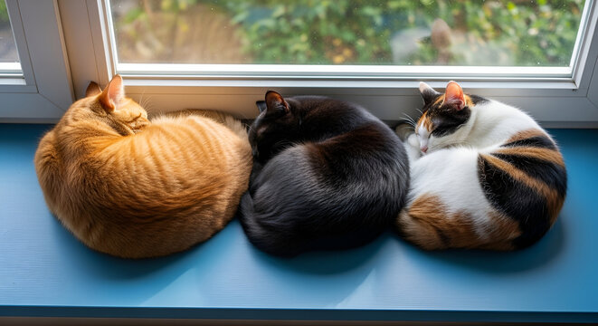 Three Cozy Cats Sleeping Curled Up Together on a Sunny Window Sill