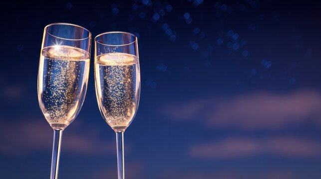Two champagne glasses shimmered in the night sky, their golden reflections capturing the festive moment. Bar promotion, designed specifically for product packaging and bar promotions.