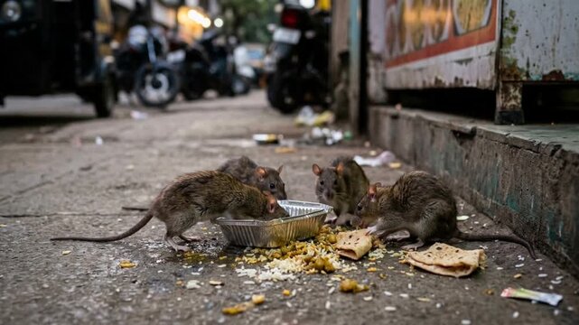 street rats feeding on leftover food in india close up