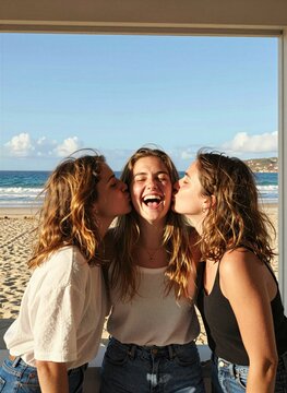 Three Girls Kiss on Beach in Polaroid Style, Barbizon Inspired