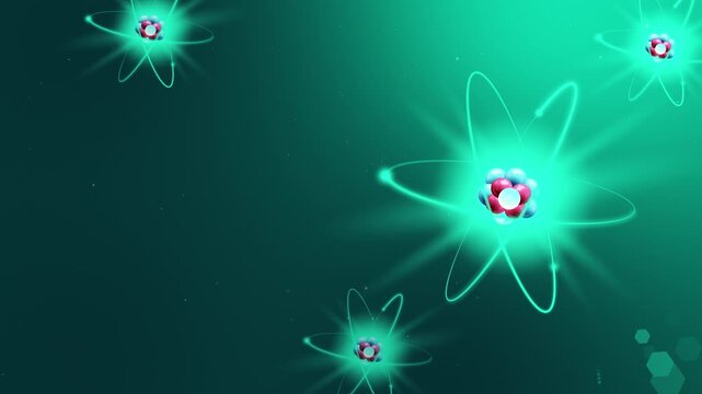 4K Cyber Teal Green 3D Atomic Background. Multiple Glowing Green Quantum Nuclei with Red and Blue Cores and Copy Space.