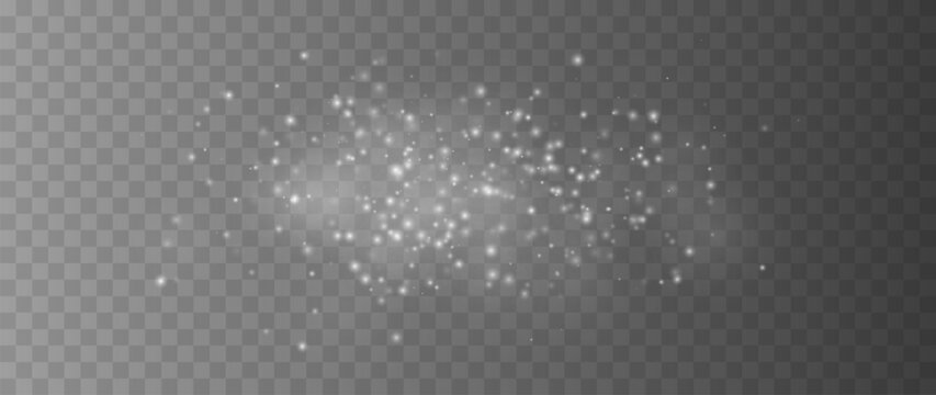 White glowing particles light overlay effect with soft bokeh sparkles isolated on transparent background