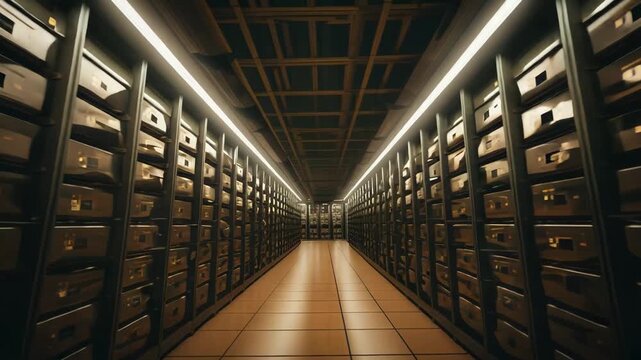 Server room interior with endless rows of working database racks, representing digital information storing and big data processing in a modern information technology center