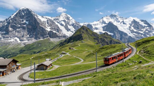 swiss alpine railway train climbing toward jungfrau region