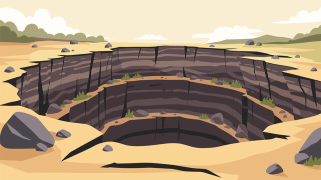 Deep open pit mine or excavation site in a desert landscape shows layered geological strata and scattered rocks under a hazy sky.