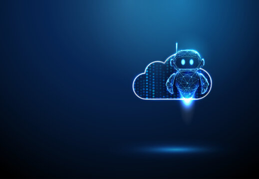 3d data cloud with dots inside and robot AI-powered cloud computing,virtual assistant integration, automated workflows, smart data management, machine learning systems concept.