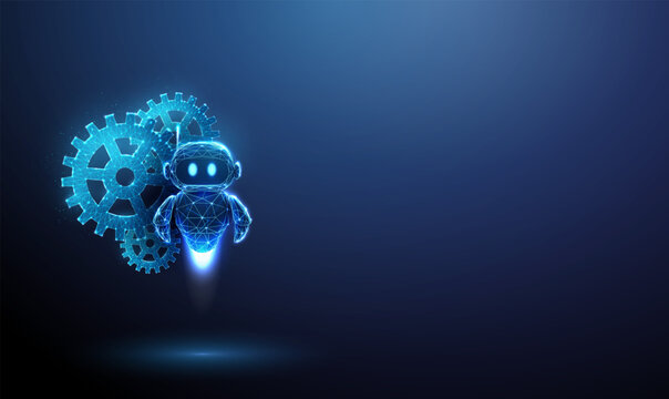 3d gears with blue robot. AI-driven automation, intelligent system operation, smart workflow management, machine learning processes, robotic control systems concept.