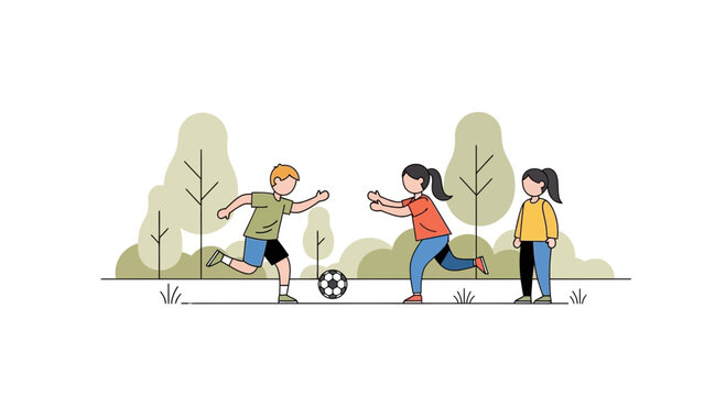 Children playing soccer in a park with trees in the background, flat design illustration