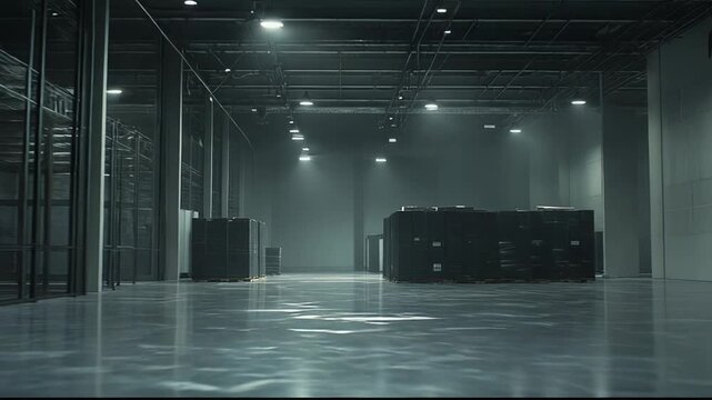 Empty modern logistic warehouse interior features stacked goods and boxes on pallets, reflecting light on the polished concrete floor under industrial lighting