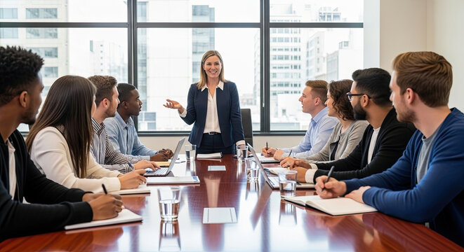 People seated around a conference table in a modern meeting room, with one person standing and leading the discussion near large windows overlooking city buildings.