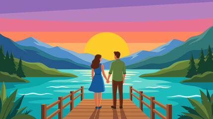 A romantic couple stands hand in hand on a pier by a tranquil lake, with a breathtaking sunset backdrop, symbolizing love, connection, and the beauty of shared moments. © Xiaoliang