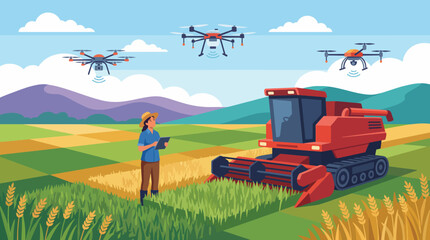 A contemporary farmer stands confidently in a wheat field, utilizing drones for agricultural monitoring, showcasing innovation and technology in modern farming practices. © Xiaoliang