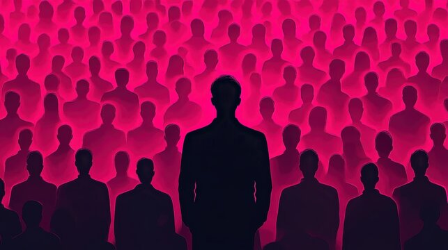 Colorful silhouette pf person standing in monochrome crowd of different people,surreal unique and different concept,loneliness in society,shadow,freedom,Love,be yourself,Stand out from the crowd.