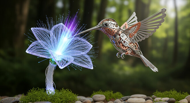 Steampunk Hummingbird Nectar Feeding From Futuristic Fiber Optic Flower