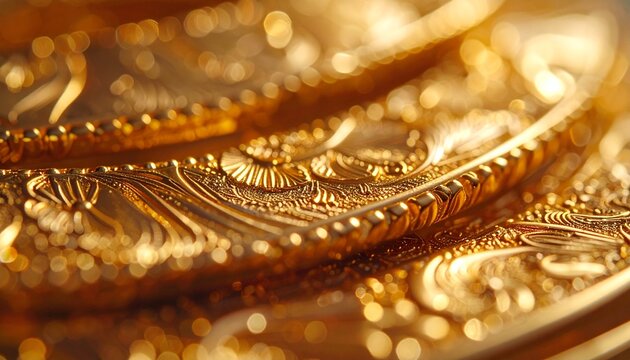 A sensual macro shot of engraved gold jewelry, where the light gently touches every curve and detail, creating a luxurious and almost romantic visual mood.
