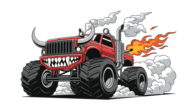 Powerful red monster truck with bull horns on the grille and sharp teeth on the bumper exhales smoke and fire from its exhaust pipes.