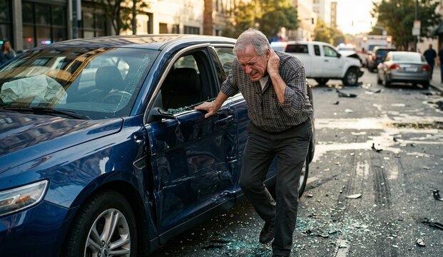 Injured senior male driver suffering from whiplash and neck pain standing next to a damaged car after a severe traffic collision