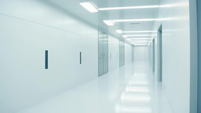 Long futuristic hallway featuring multiple gray doors, glossy white floor, and ceiling lights, creating a sterile, modern, and high tech environment for research and development