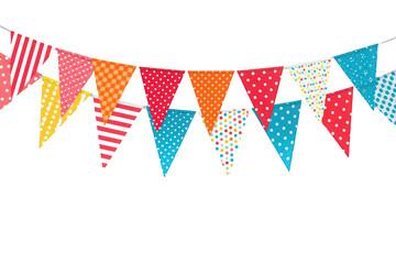 Fototapeta premium Colorful party bunting flags with various patterns hanging from a string, celebrating a festive event, transparent background