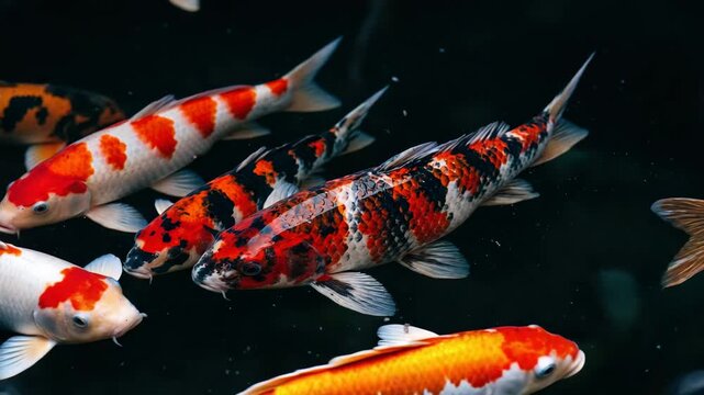 koi fish swimming close up view over a black background