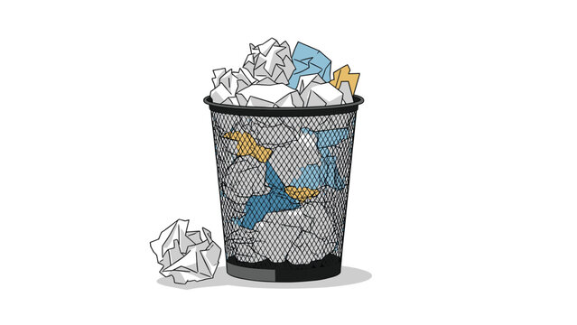 Metal mesh wastebasket is filled to the brim with crumpled balls of white, blue, and yellow paper representing a busy office or workspace.