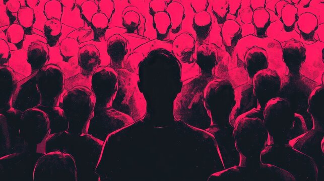 Colorful silhouette pf person standing in monochrome crowd of different people,surreal unique and different concept,loneliness in society,shadow,freedom,Love,be yourself,Stand out from the crowd.